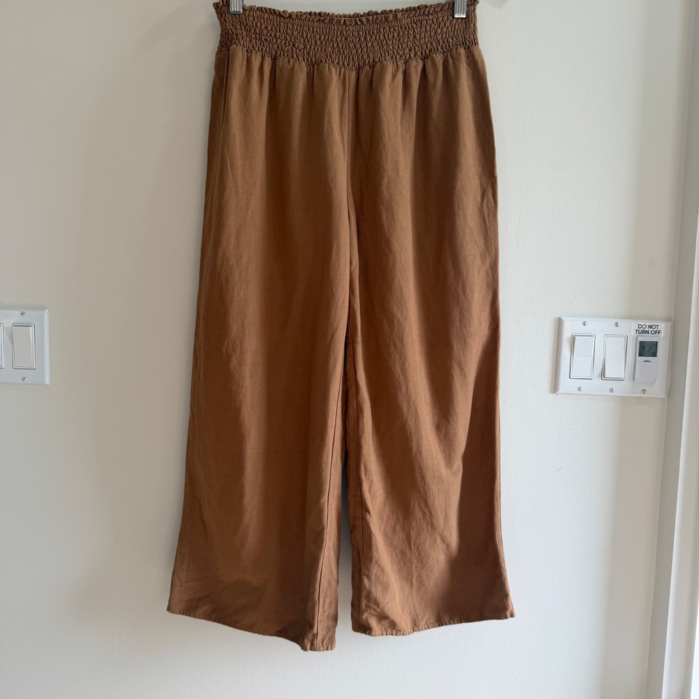 Crescent Smocked Waist Wide Leg Crop Pants Brown Womens Large Boho CT7405